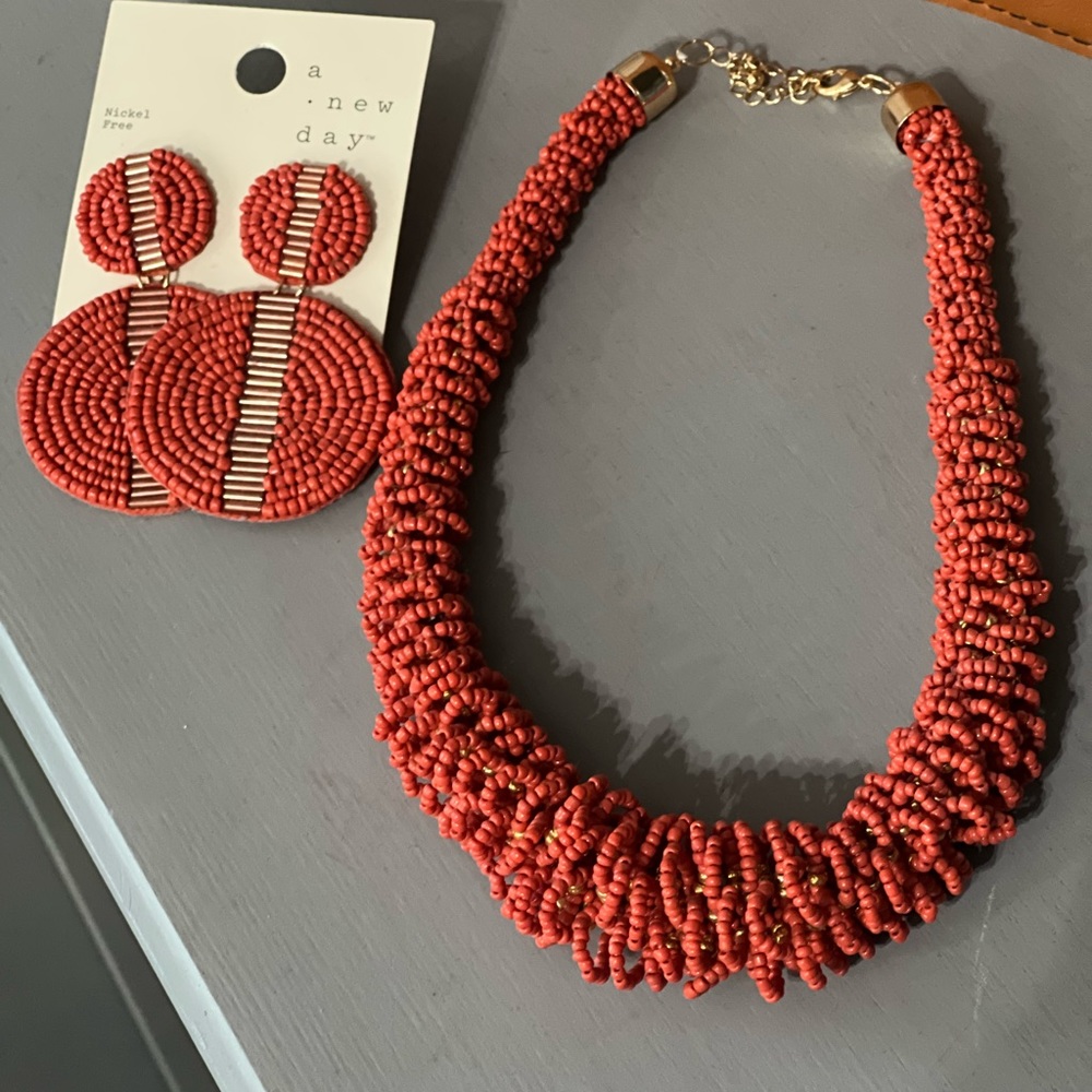 Target A New Day Red-Orange Beaded Statement Necklace & Earrings - Sold as Set!